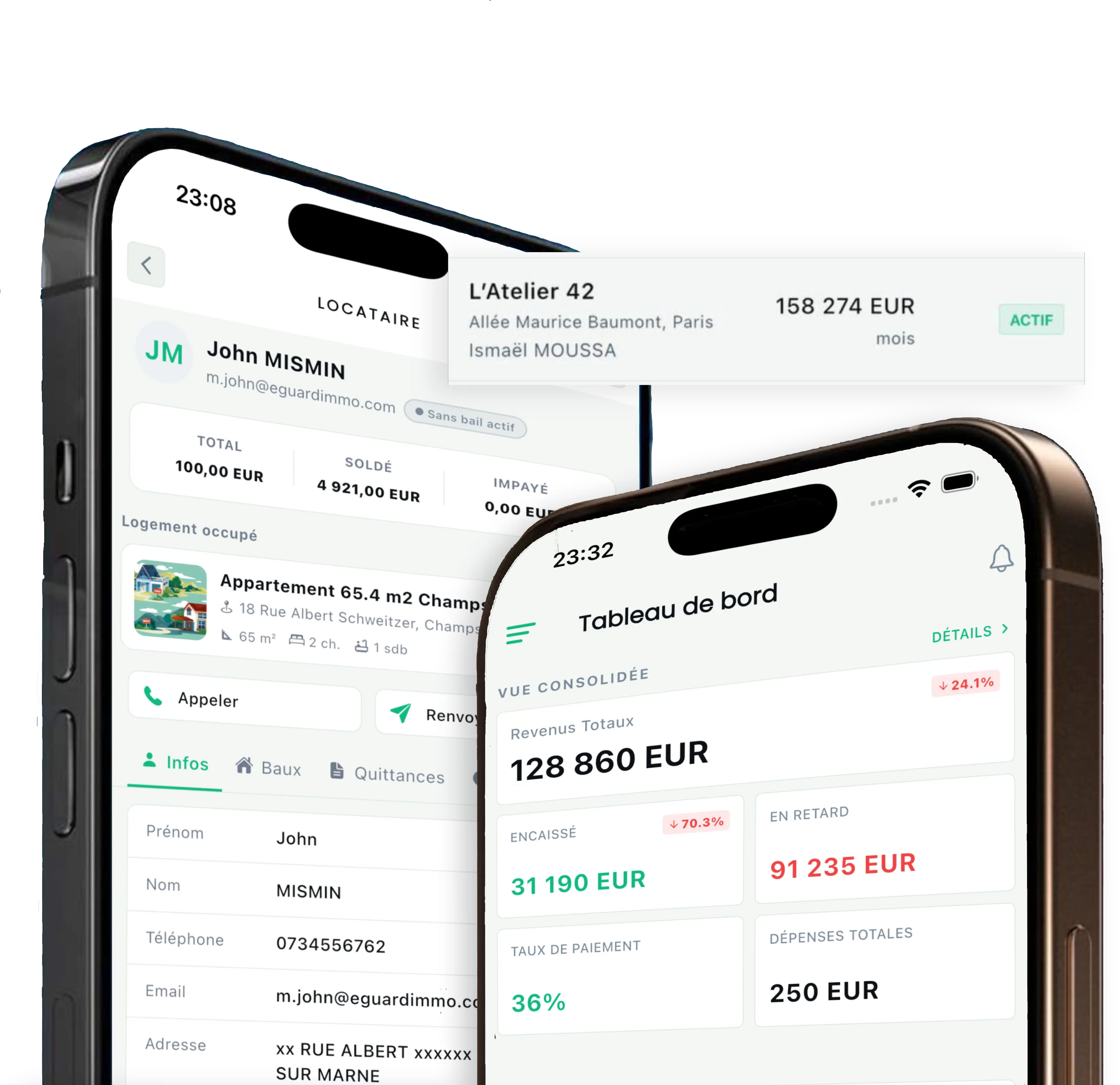Application eGuardImmo : fiche locataire et tableau de bord de gestion