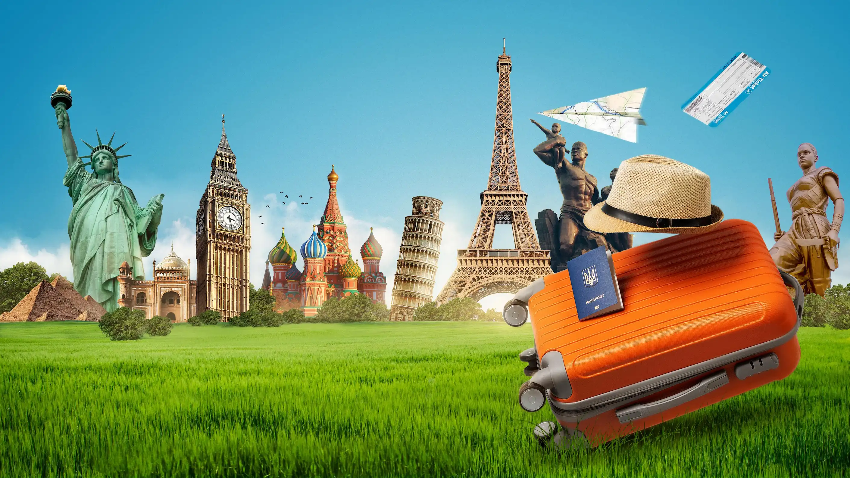 Iconic landmarks around the world with a traveller’s suitcase